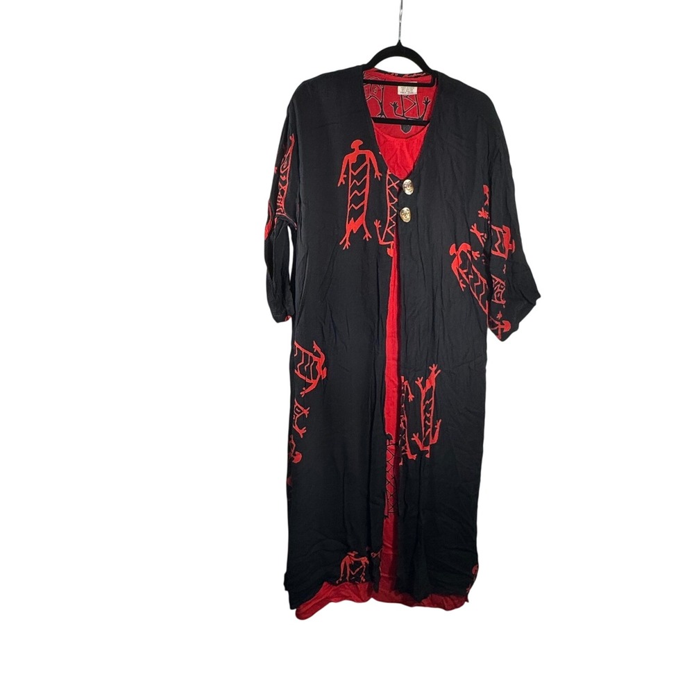 Black Magic Kimono Duster Red Black Tribal Print Rayon Free Size